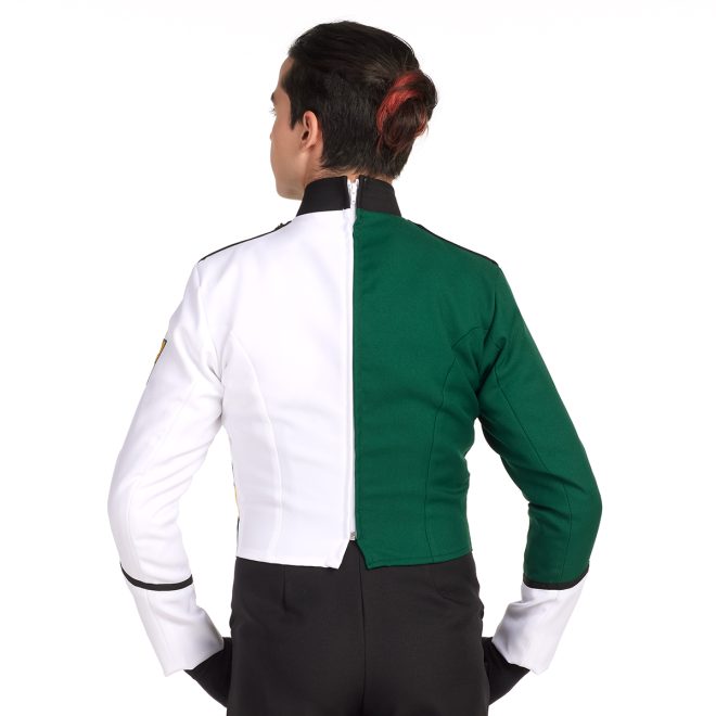 Custom half hunter green half white marching band jacket with black pants back view