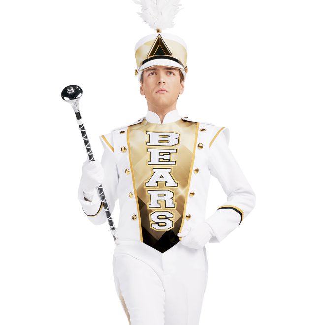 Custom marching band jacket front view. White uniform with custom gold ombre chest with mascot name. Gold and black detailing. Holding amazing mace and wearing matching shako