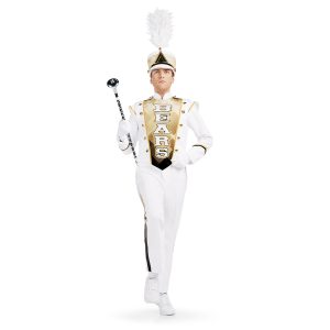 Custom marching band jacket front view. White uniform with custom gold ombre chest with mascot name. Gold and black detailing. Holding amazing mace and wearing matching shako
