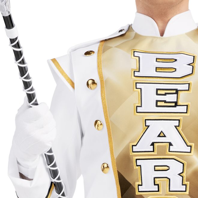 Custom marching band jacket front view. White uniform with custom gold ombre chest with mascot name. Gold and black detailing. Holding amazing mace and wearing matching shako