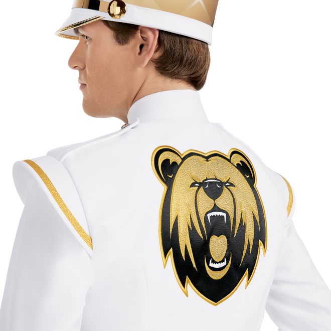 Custom marching band jacket backview. White uniform with gold and black mascot on back. Gold and black detailing. wearing matching shako