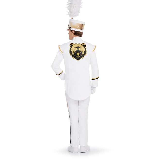 Custom marching band jacket backview. White uniform with gold and black mascot on back. Gold and black detailing. wearing matching shako