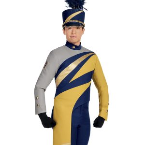 Custom marching band uniform navy body with one gold sleeve one grey sleeve continuing across chest paired with navy pants and navy shako. Front view with gold drop off right hip