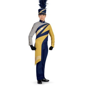 Custom marching band uniform navy body with one gold sleeve one grey sleeve continuing across chest paired with navy pants and navy shako. Front view with gold drop off right hip