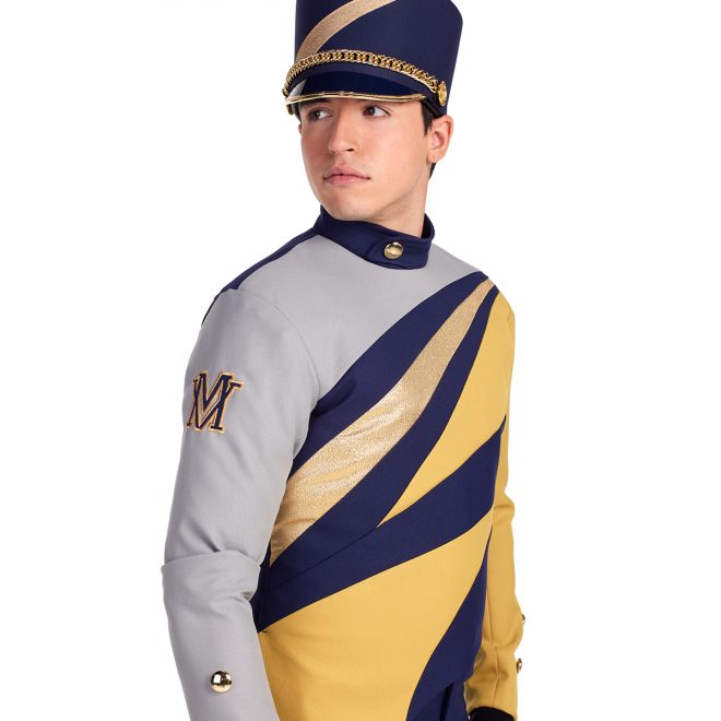 Custom marching band uniform navy body with one gold sleeve one grey sleeve continuing across chest paired with navy pants and navy shako. Front view