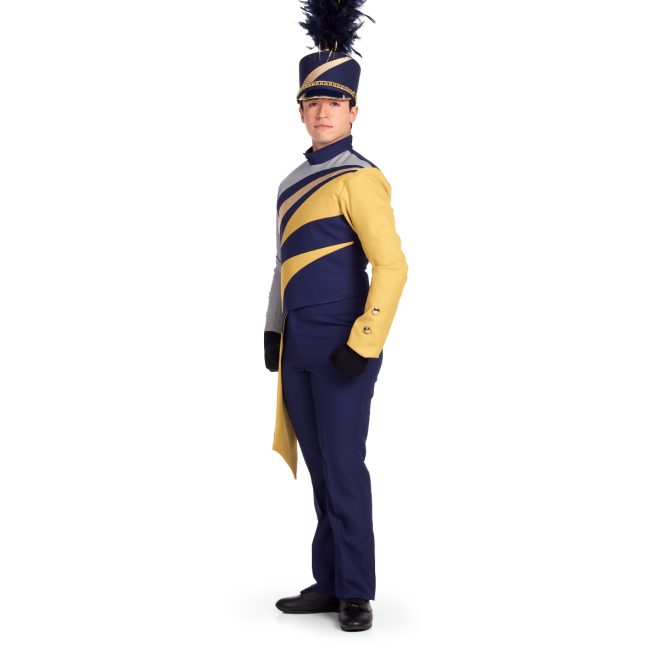 Custom marching band uniform navy body with one gold sleeve one grey sleeve continuing across chest paired with navy pants and navy shako. Side view