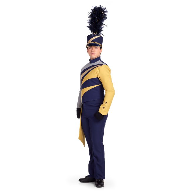 Custom marching band uniform navy body with one gold sleeve one grey sleeve continuing across chest paired with navy pants and navy shako. Side view