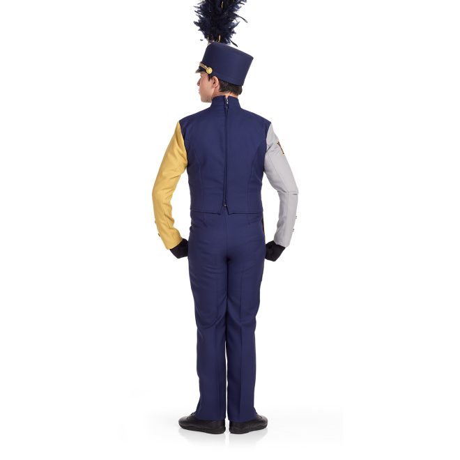 Custom marching band uniform navy body with one gold sleeve one grey sleeve paired with navy pants and navy shako. Back view