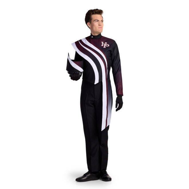 Custom black, white, and maroon marching band uniform with Band Cap Frame and coordinating wrap. Front view.