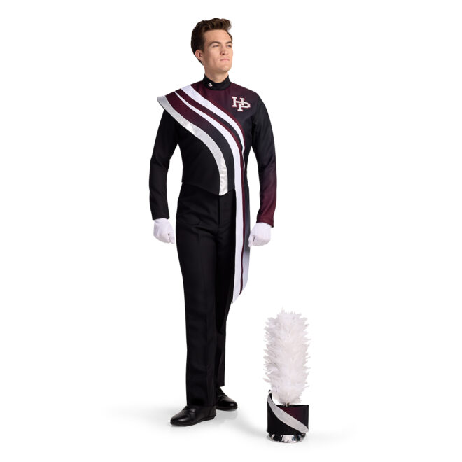 Custom black, white, and maroon marching band uniform with Band Cap Frame and coordinating wrap. Front view.