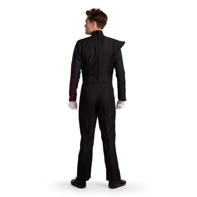 Custom black, white, and maroon marching band uniform. Back view.