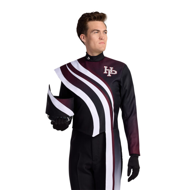 Custom black, white, and maroon marching band uniform with Band Cap Frame and coordinating wrap. Front view.