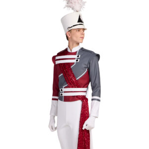 Custom white, grey, and maroon marching band uniform with coordinating drop cape. cropped front left three-quarters view.
