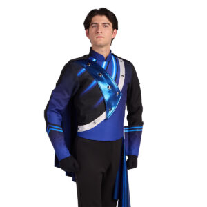 Custom black, blue, and silver marching band uniform. cropped front view.