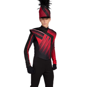 Custom red and black marching band uniform with coordinating shako and plume. cropped front detailed view.
