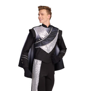 Custom black, grey, and silver marching band uniform with coordinating sash, drop and cape. cropped front view.