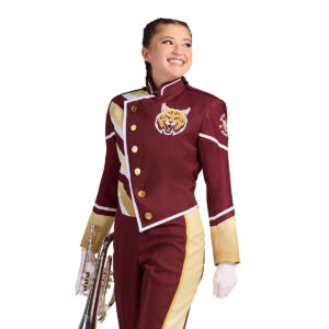 Custom maroon, gold, and white marching band uniform. cropped front left three-quarters view.