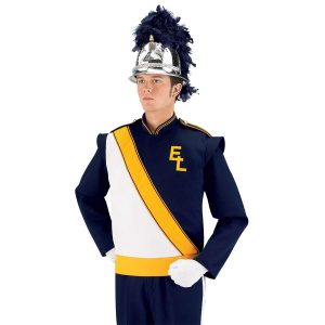 Custom navy, white and yellow marching band uniform long sleeve. Front view with silver and navy baylay, white gloves, and navy pants