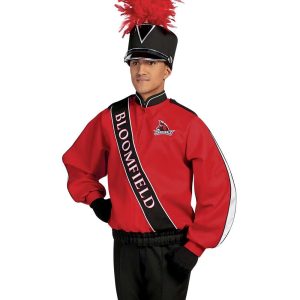 Custom red with black and white detailing marching band uniform long sleeve. Black diagonal stripe with BLOOMFIELD written and cardinal on left chest. Front view with matching shako, black gloves, and black pants