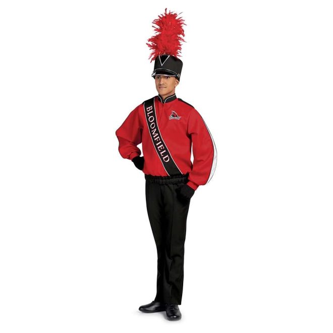 Custom red with black and white detailing marching band uniform long sleeve. Black diagonal stripe with BLOOMFIELD written and cardinal on left chest. Front view with matching shako, black gloves, black shoes, and black pants