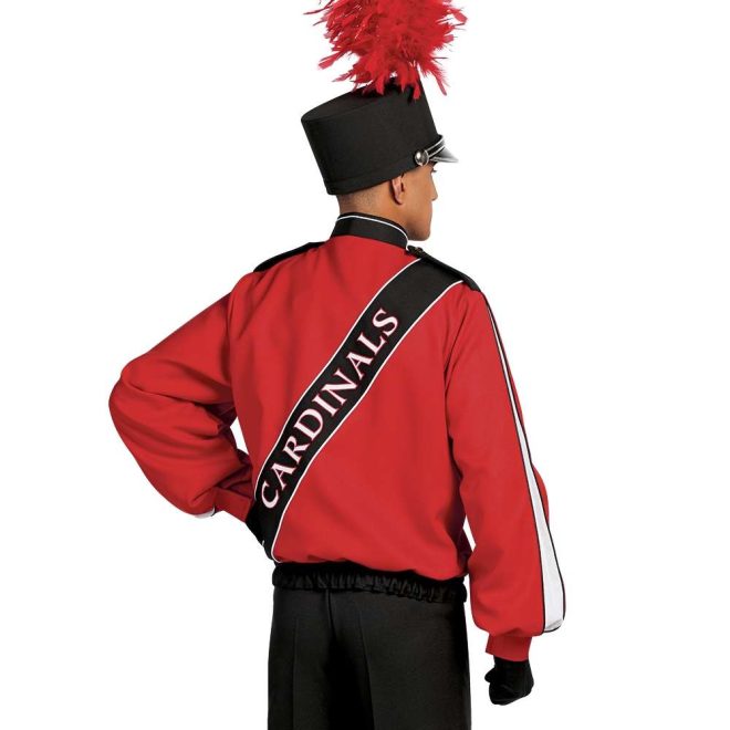 Custom red with black and white detailing marching band uniform long sleeve. Black diagonal stripe with CARDINALS written. Back view with matching shako, black gloves, and black pants