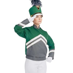 Custom green and grey with white and gold detailing marching band uniform long sleeve. Front view with matching shako, white gloves and white pants