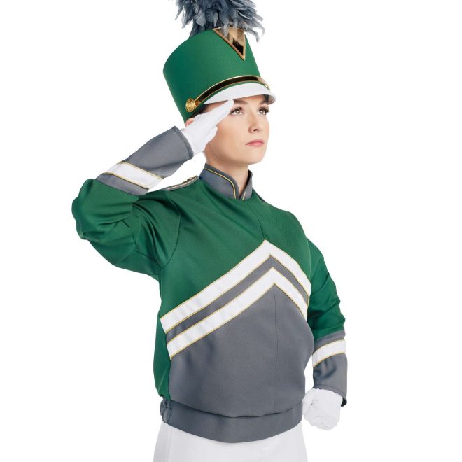 Custom green and grey with white and gold detailing marching band uniform long sleeve. Front view with matching shako, white gloves and white pants