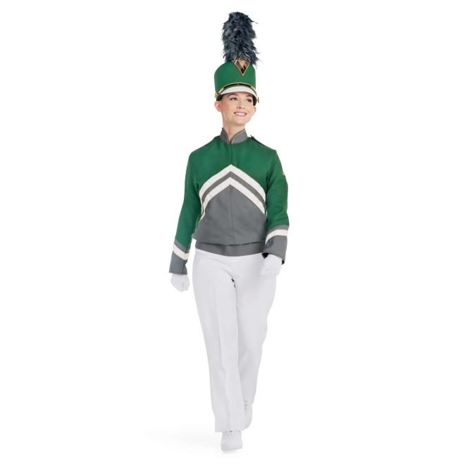 Custom green and grey with white and gold detailing marching band uniform long sleeve. Front view with matching shako, white gloves and white pants