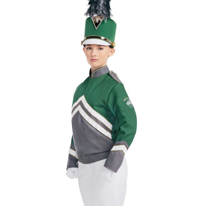 Custom green and grey with white and gold detailing marching band uniform long sleeve. Front view with matching shako, white gloves and white pants