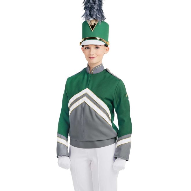 Custom green and grey with white and gold detailing marching band uniform long sleeve. Front view with matching shako, white gloves and white pants