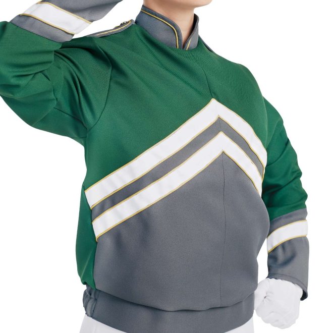 Custom green and grey with white and gold detailing marching band uniform long sleeve. Front view with white gloves and white pants