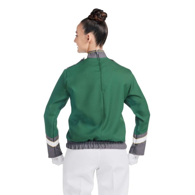 Custom green with grey, gold and white detailing marching band uniform long sleeve. Back view with white gloves and pants