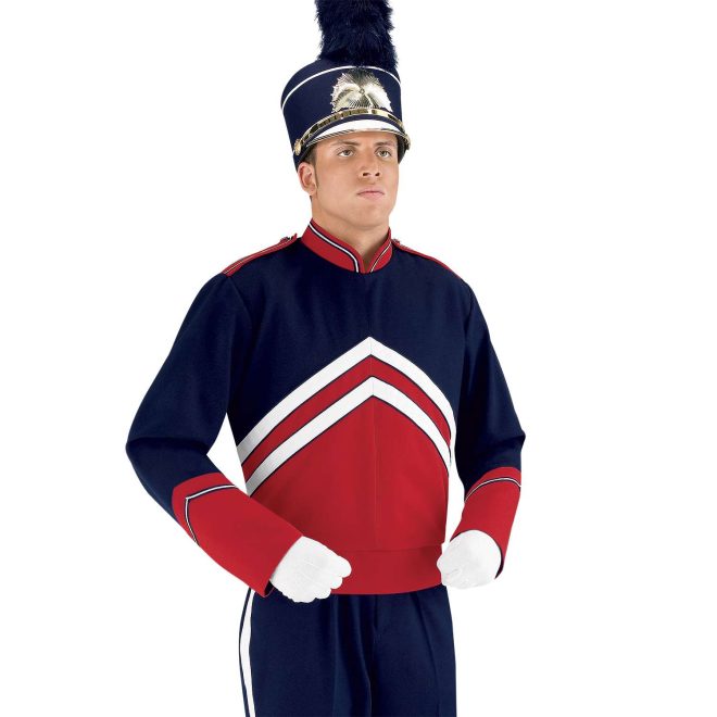 Custom navy and red with white detailing marching band uniform long sleeves. Front view with matching shako, white gloves, and navy pants