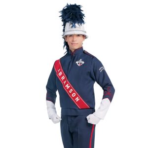 Custom navy with white and red detailing marching band uniform long sleeve. Front view with matching castellane helmet, white gloves, and navy pants