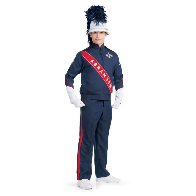 Custom navy with white and red detailing marching band uniform long sleeve. Front view with matching castellane helmet, white shoes, white gloves, and navy pants