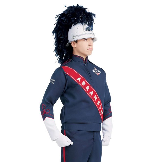 Custom navy with white and red detailing marching band uniform long sleeve. Front view with matching castellane helmet, white gloves, and navy pants