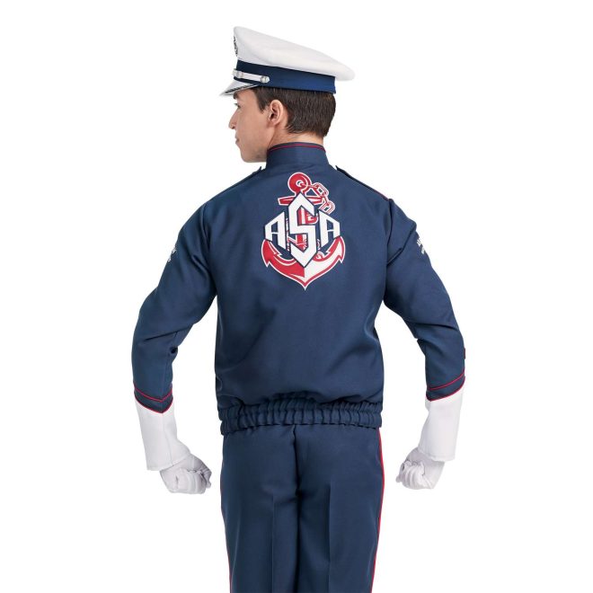 Custom navy with white and red detailing marching band uniform long sleeve. Back view with matching baylay parade cap, white gloves, and navy pants