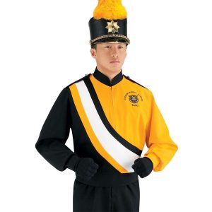 Custom black and yellow with white stripe marching band uniform long sleeve. Front view with matching shako, black gloves, and black pants