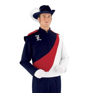 Custom navy, red, and white marching band uniform long sleeve. Front view with matching aussie hat, white gloves, and navy pants