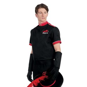 Custom black with red and white trim short sleeve marching band uniform. Front view with black gloves, black gauntlets, and black pants holding black aussie hat with red feather