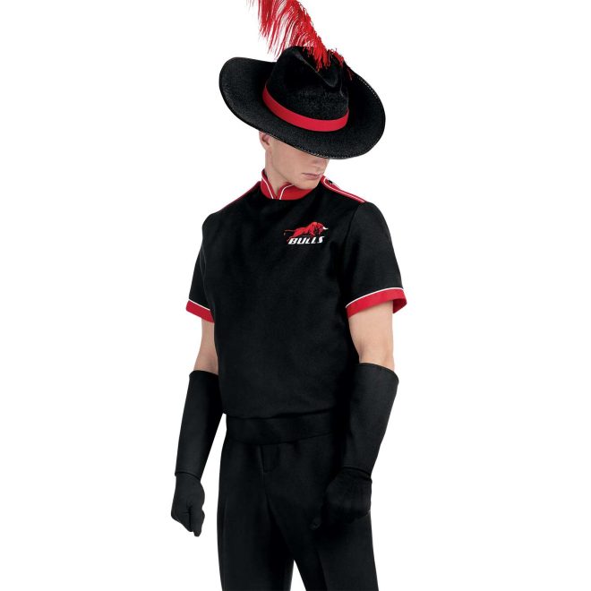 Custom black with red and white trim short sleeve marching band uniform. Front view with black gloves, black gauntlets, black aussie hat with red feather and black pants