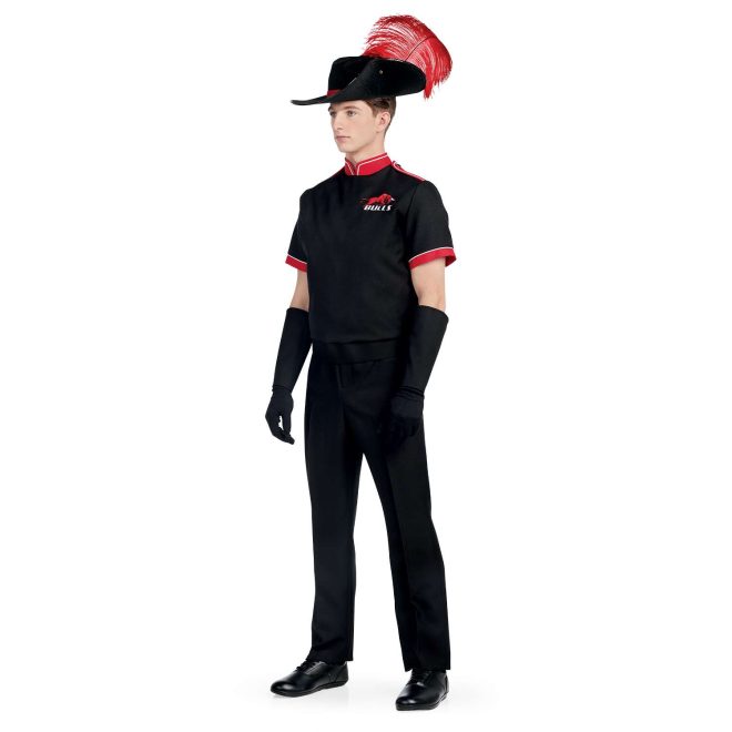 Custom black with red and white trim short sleeve marching band uniform. Front view with black gloves, black gauntlets, black aussie hat with red feather, black shoes and black pants