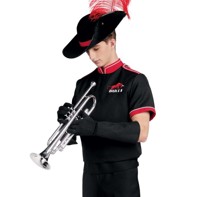 Custom black with red and white trim short sleeve marching band uniform. Front view with black gloves, black gauntlets, black aussie hat with red feather and black pants holding instrument