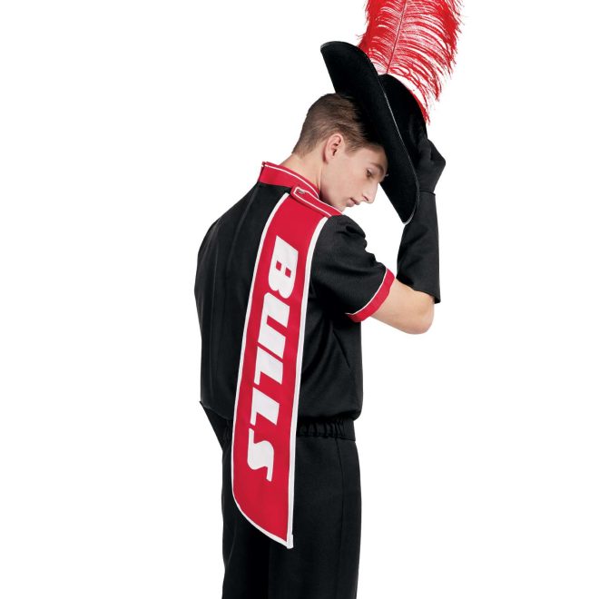 Custom black with red and white trim short sleeve marching band uniform. Back view with custom red and white shoulder drop, black gloves, black gauntlets, black aussie hat with red feather and black pants