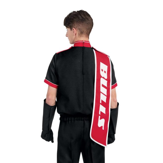 Custom black with red and white trim short sleeve marching band uniform. Back view with custom red and white shoulder drop, black gloves, black gauntlets, and black pants