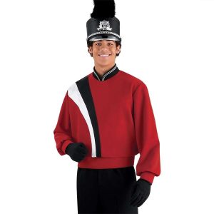 Custom red with black and white detailing marching band uniform long sleeve. Shown with black shako with silver accessories, black gloves, and black pants