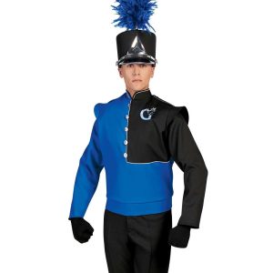 Custom black and royal marching band uniform long sleeve. Front view with matching shako, black gloves, and black pants