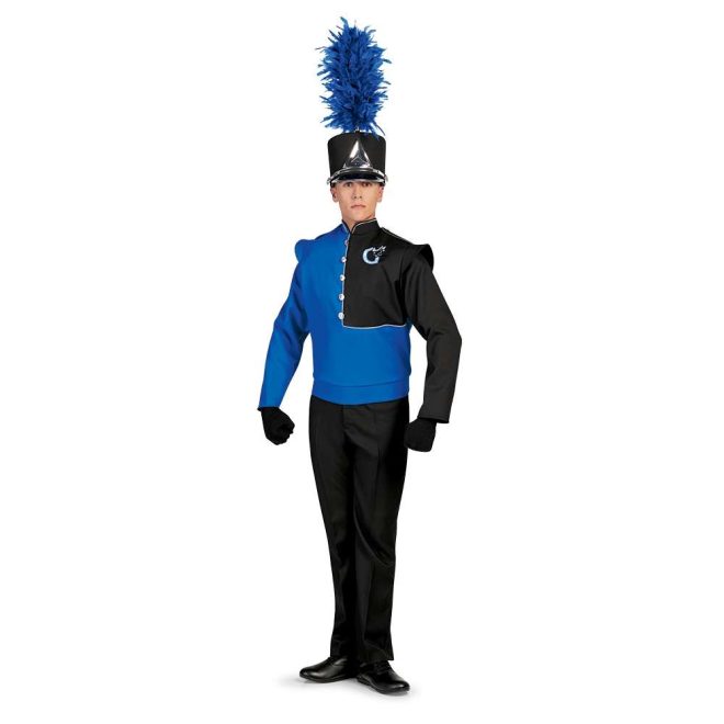 Custom black and royal marching band uniform long sleeve. Front view with matching shako, black gloves, black pants, and black shoes