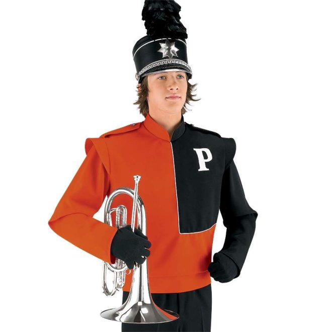 Custom orange and black marching band uniform long sleeve. Front view with black shako with silver accessories, black gloves, and black pants holding instrument