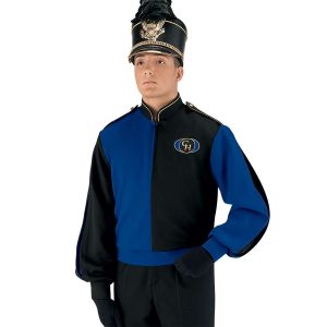 Custom black and royal marching band uniform long sleeve. Front view with black shako with gold accessories, black gloves, and black pants